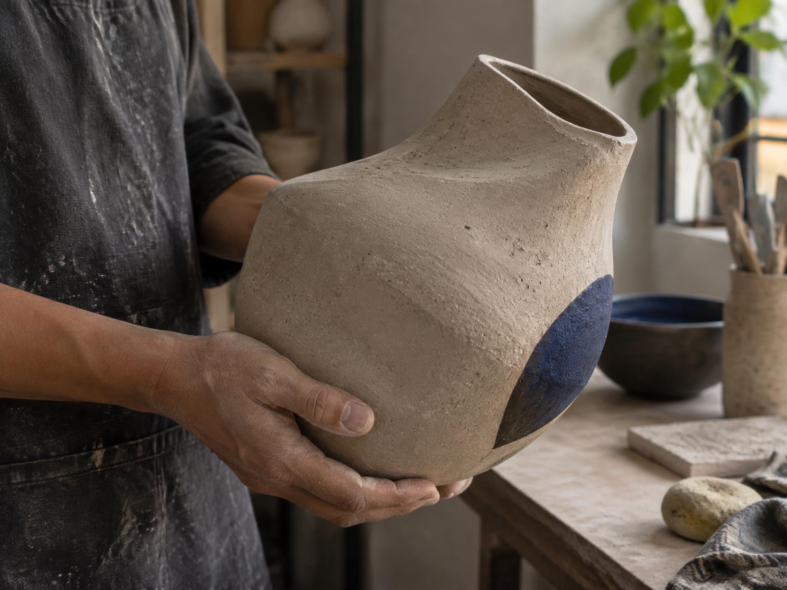 Hands holding a textured, unglazed stoneware vessel