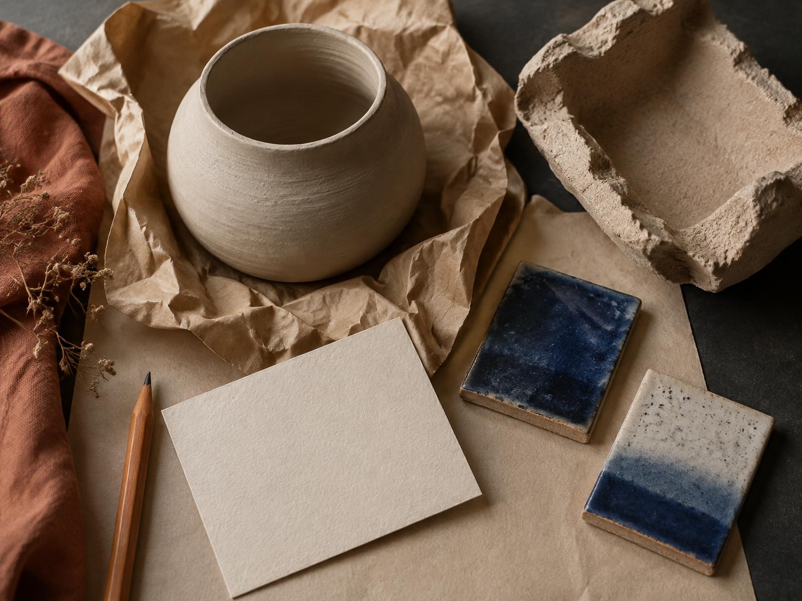 An unfinished vessel, blank note card and cobalt glaze tiles arranged on packing paper