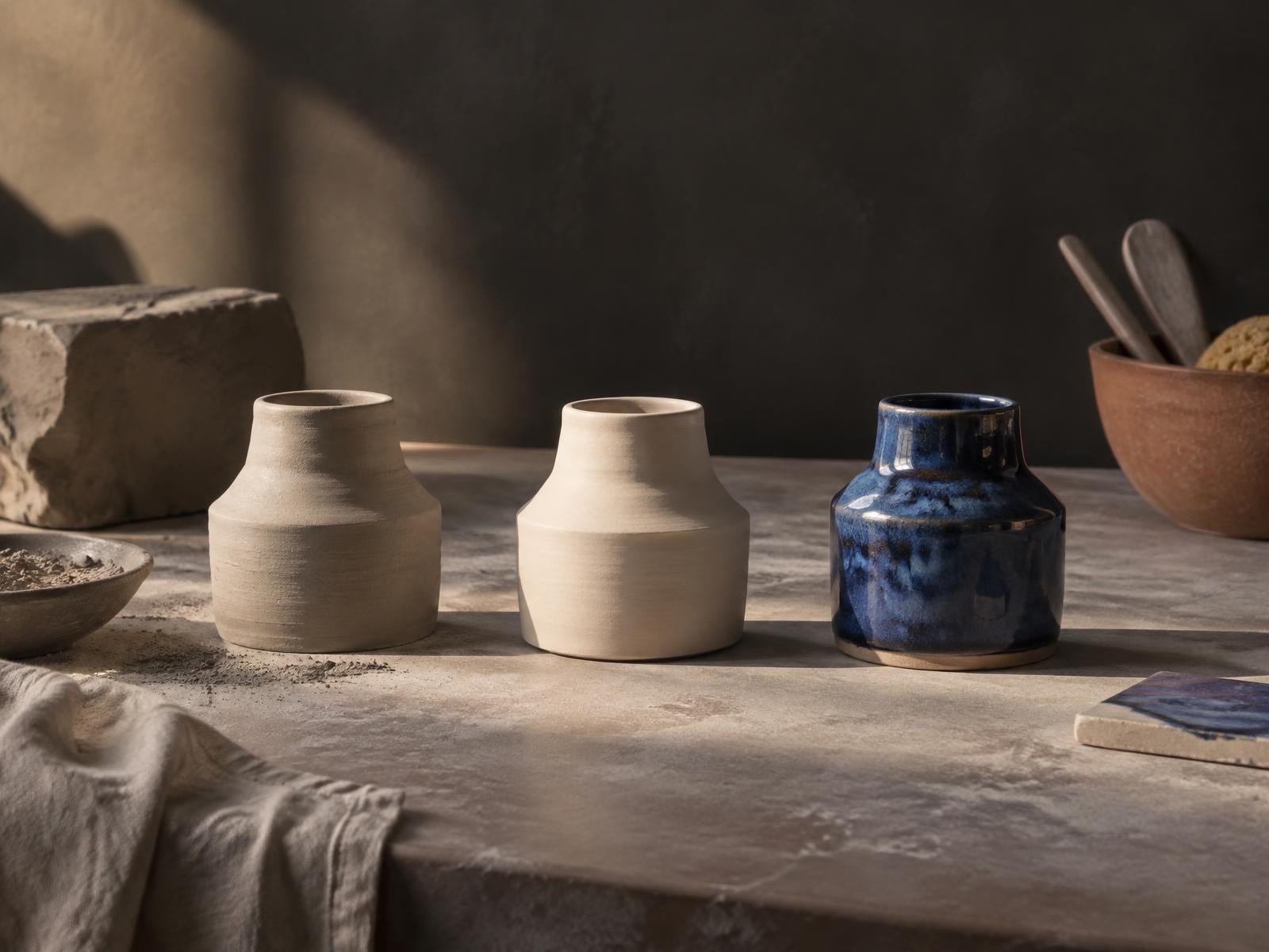 Three small ceramic vessels representing clay, bisque and glazed stages
